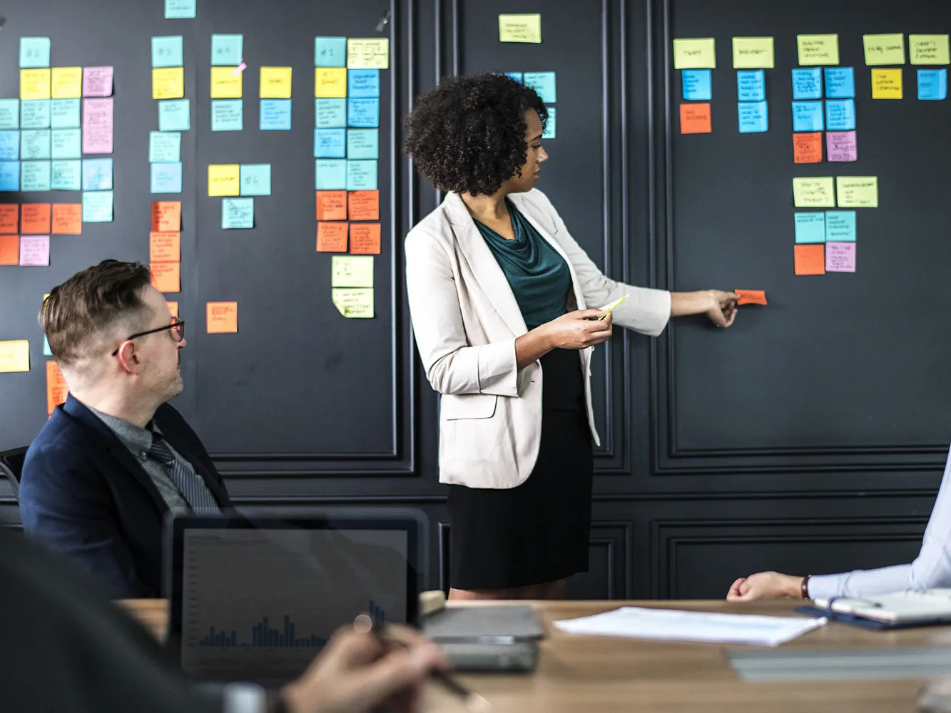 People in a business setting using post-it notes on a blackboard wall
