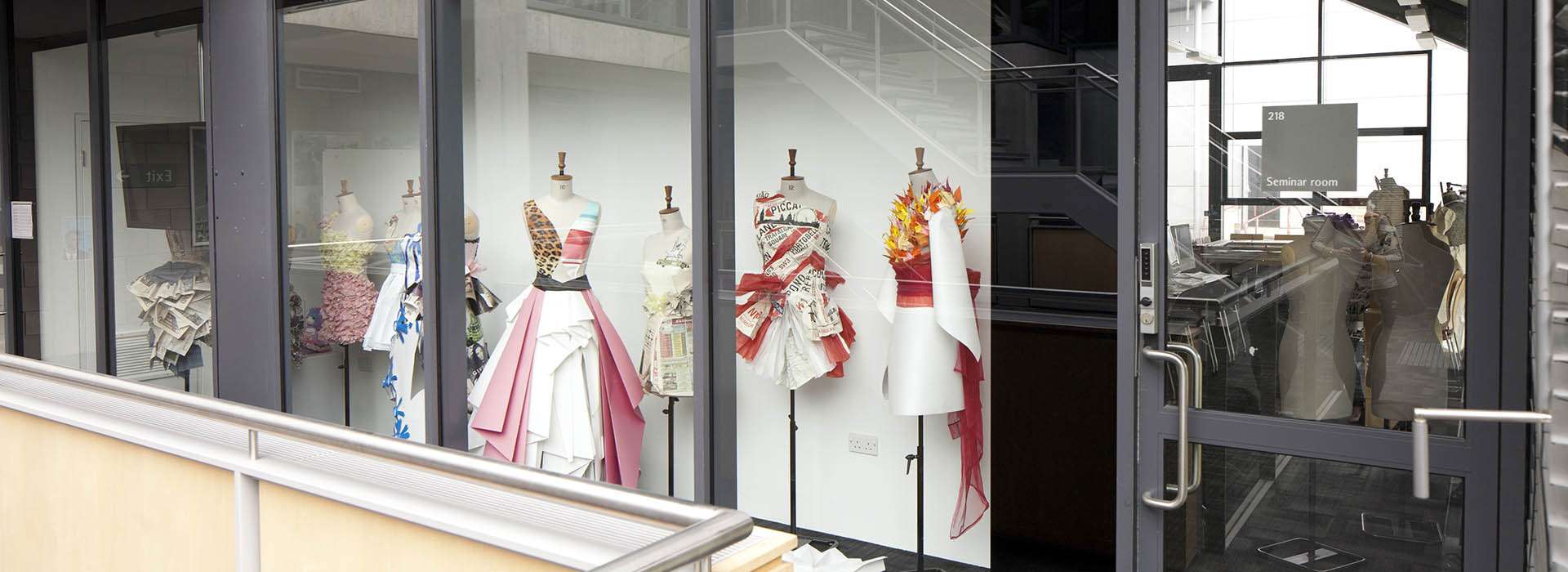 workshop room with fashion pieces displayed