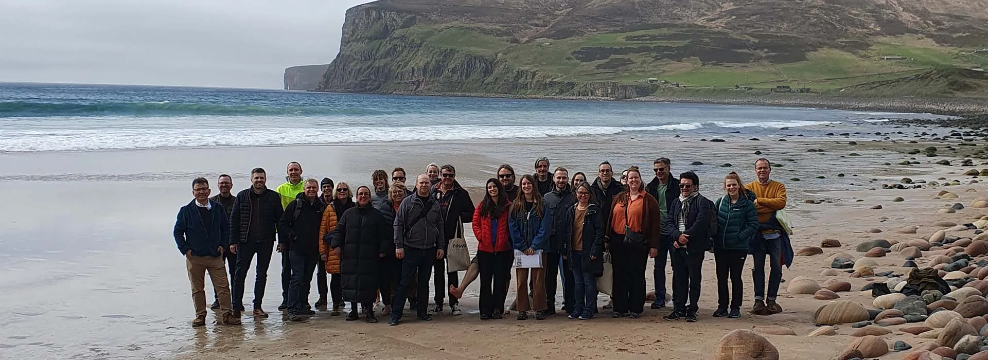 Group on beach at Rackwick, Hoy – taken by Andy Golightly (employee RGU Orkney) for the RGU-led research project GPatra