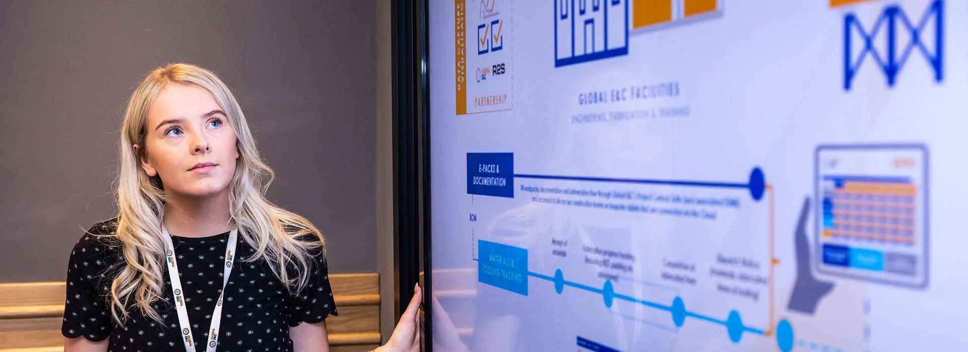 girl looking up at a projected screen with graphics