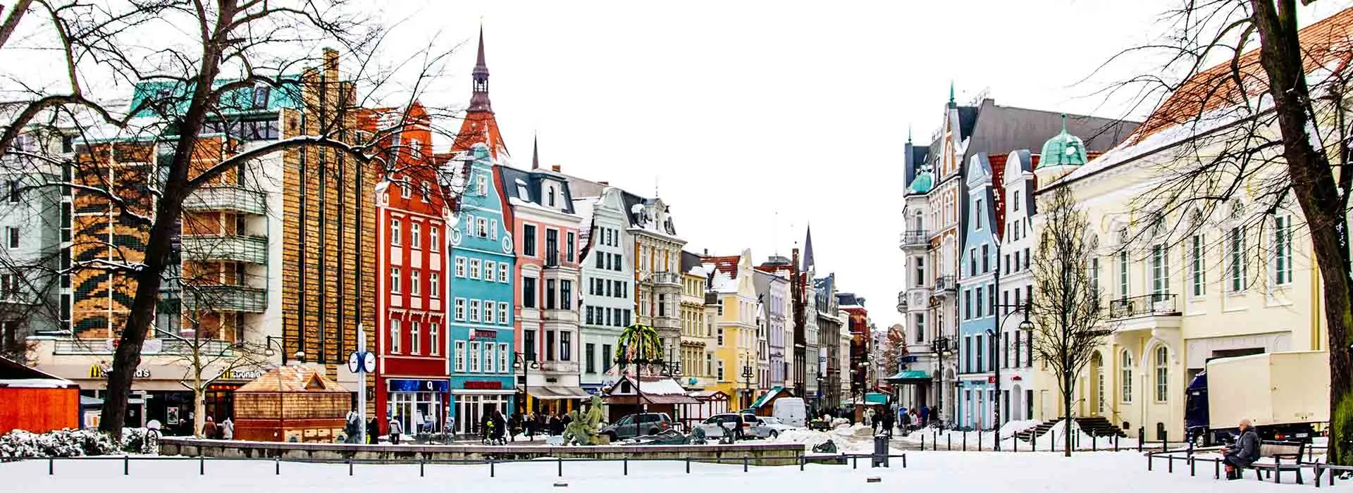 town square in Rostock, Germany in winter