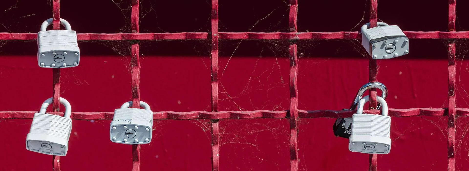 padlocks on a red fence