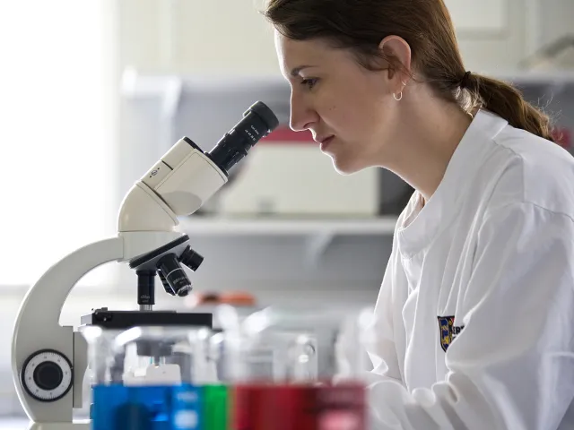 woman looking through a microscope