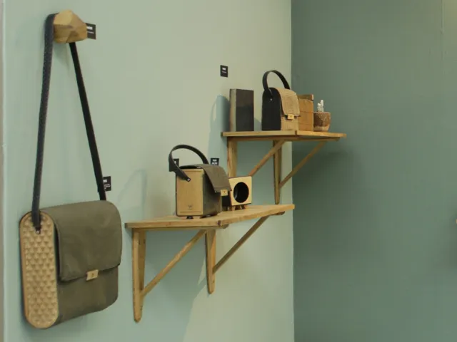 equiptment and household items on shelves in a sage green room