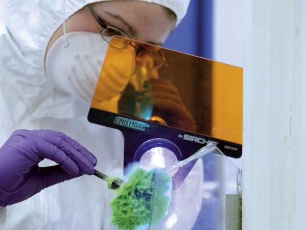 student in white coverall dusting a surface for fingerprints