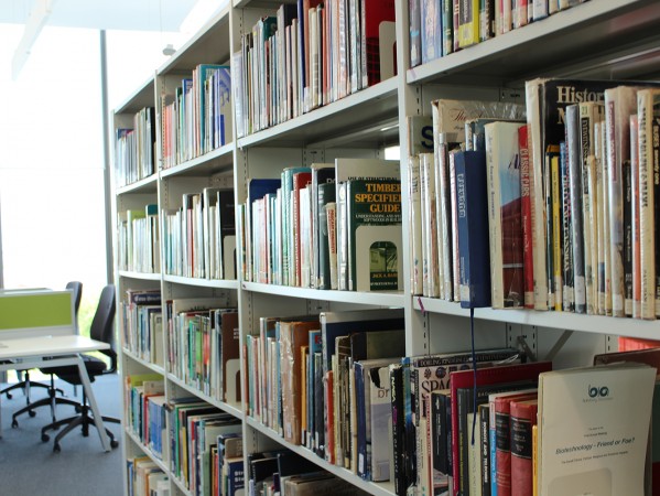 shelf of books at RGU library