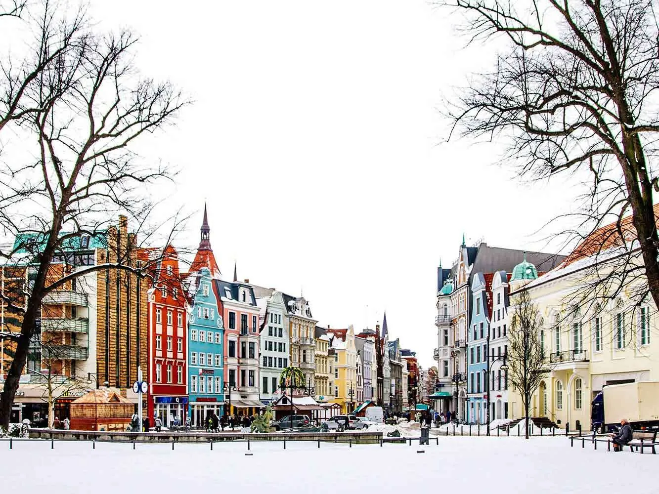 town square in Rostock, Germany in winter